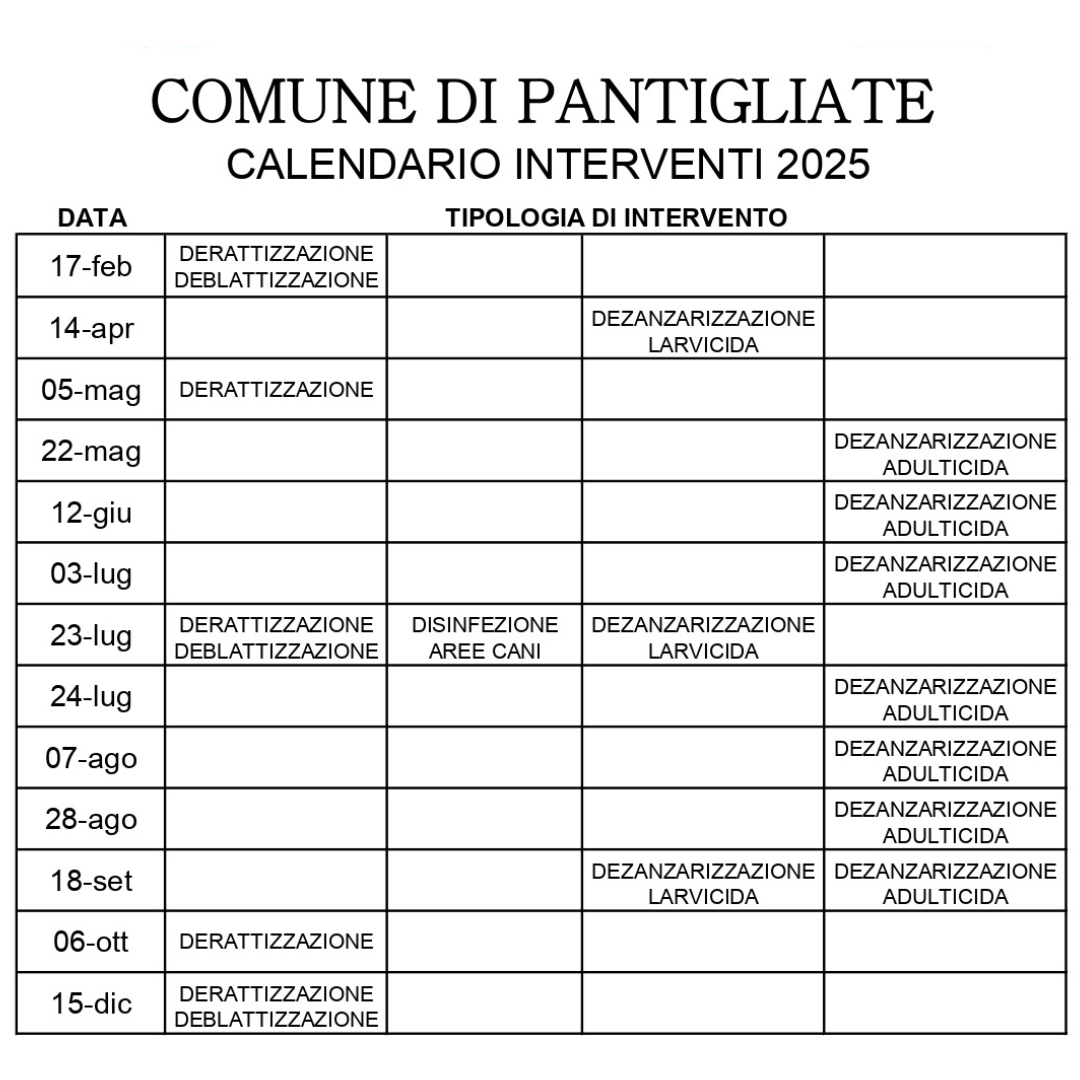 Calendario interventi dezanzarizzazione - deblattizazione - derattizzazione